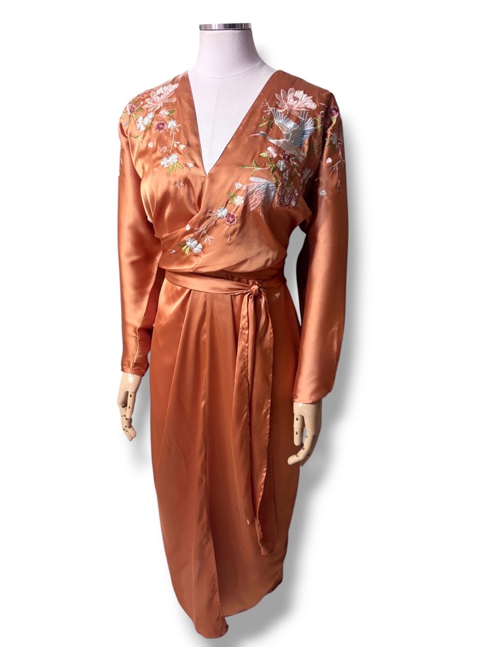 ASOS Amber Satin Wrap Midi Dress Chinoiserie Bird & Floral Embroidery Size 8